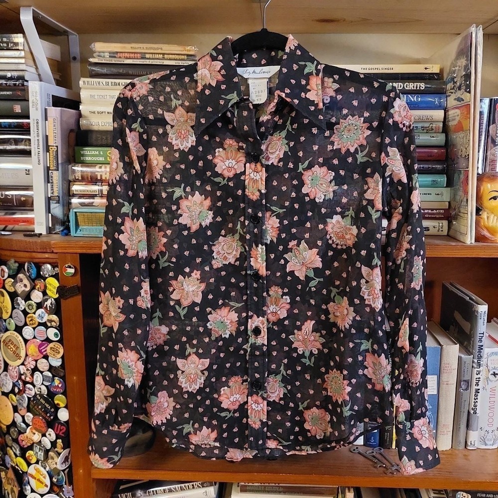 Vintage 70s‎ Lady Manhattan Floral Sheer Black Pink Button Up Blouse 9/10